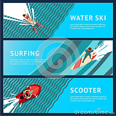 Water Sport Horizontal Banner. Flat style, top view. Vector Illustration