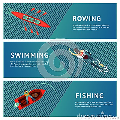 Water sport. Horizontal banners set. People recreation on a river. Flat style illustration. Vector Illustration