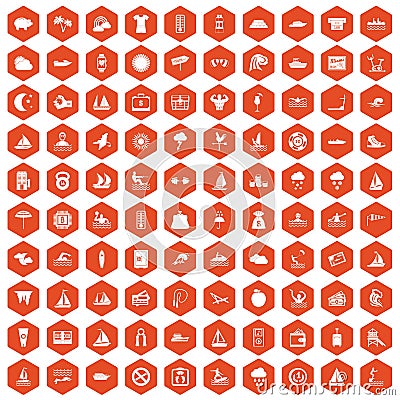 100 water sport icons hexagon orange Vector Illustration