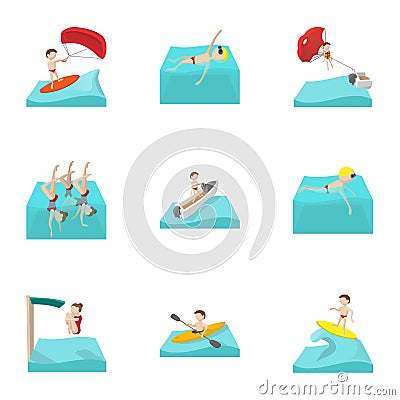 Water sport icons set, cartoon style Vector Illustration