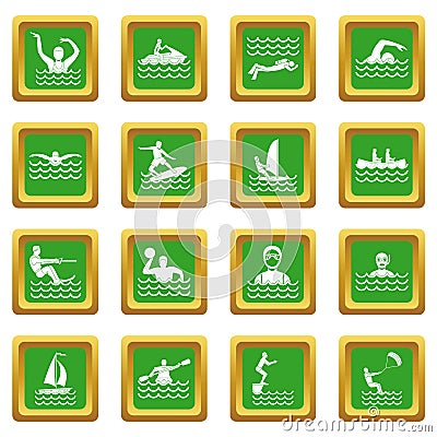 Water sport icons set green Vector Illustration