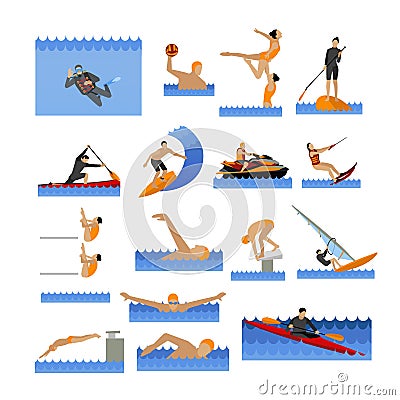 Water sport icons set with people swimming, sailing, jumping to water. Vector illustration in flat style. Vector Illustration