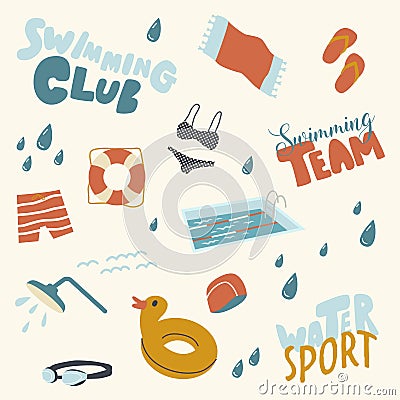 Water Sport Icons Set Towel, Inflatable Rubber Duck Ring and Bikini Swimwear with Shower Head and Slippers, Hat, Glasses Vector Illustration