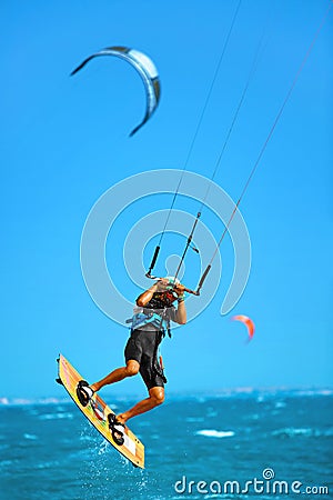 Water Sports. Kiteboarding, Kitesurfing In Ocean. Extreme Sport Stock Photo