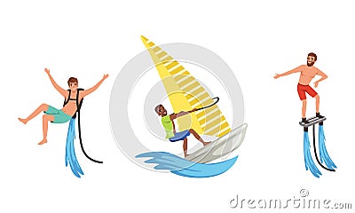 Water Sports Set, Young Men Riding Flyboard, Windsurfing Cartoon Vector Illustration Vector Illustration