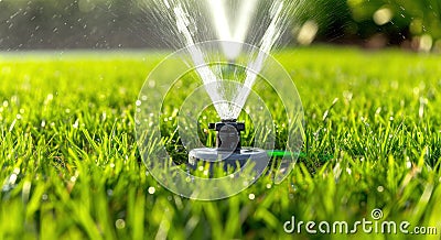 Water sprinkler spraying on green grass, water conservation picture Stock Photo