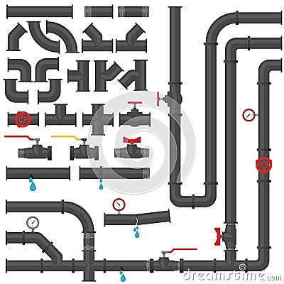 Water pipes and taps. Collection of water Steel tube, gas valve. Vector Vector Illustration
