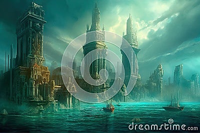 water sunken city legend mythology history civilization ancient Atlantis Illustration Stock Photo