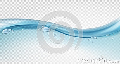 Water surface. Blue ocean wave, liquid motion, splashes and water bubbles in swimming pool, sea line horizon transparent Vector Illustration