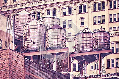 Water tanks on a roof, New York City. Stock Photo