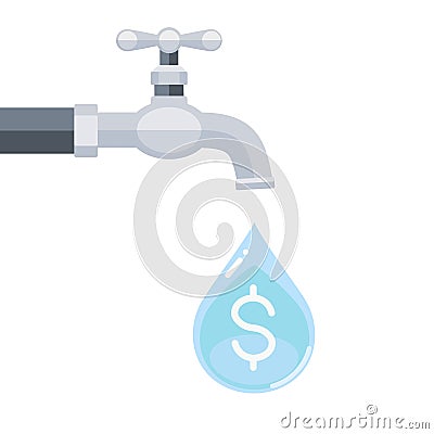 Water tap with dollar sign inside water drop isolated on white Vector Illustration