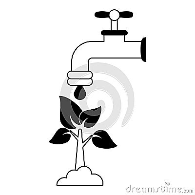 Water tap dropping water in tree in black and white Vector Illustration