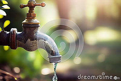 Water tap in the garden. Save planet, increasing the price of water, save the planet, save water. Stock Photo