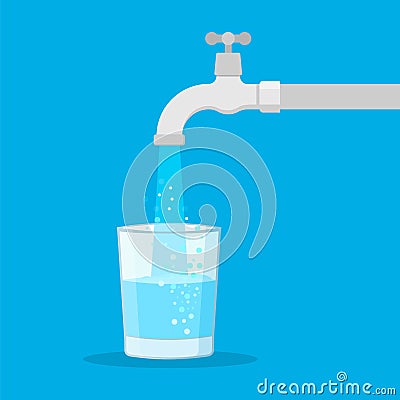 Water tap with glass. Filling cup beverage. Vector illustration Vector Illustration