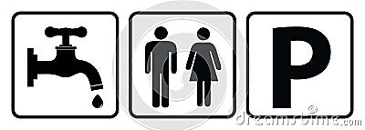 Water Tap icon,washroom sign and Parking allowed symbol Vector Illustration