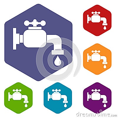 Water tap icons set hexagon Vector Illustration