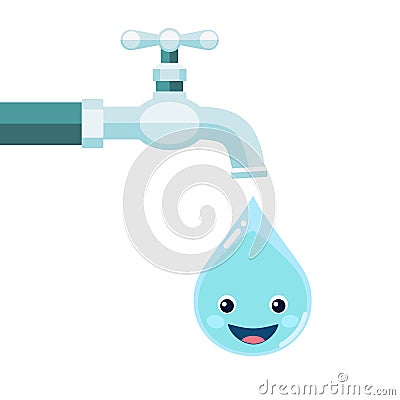 Water tap with smiling water drop isolated on white background Vector Illustration