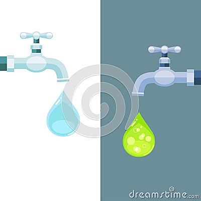 Water taps with clean and toxic drops Vector Illustration