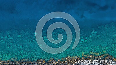 Water texture in ocean with corals. Blue sea water texture aerial drone view. Blue lagoon water surface Stock Photo