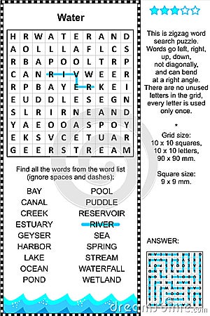 Water themed wordsearch puzzle Vector Illustration