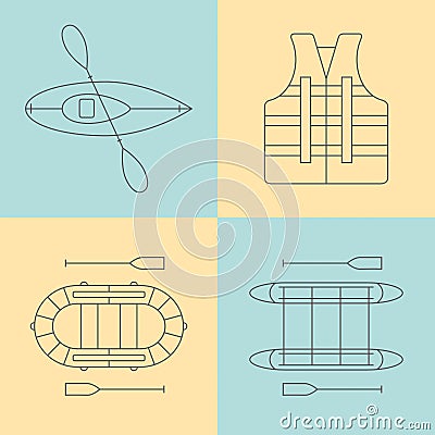 Water tourism. Rafting line icons set. Vector. Vector Illustration