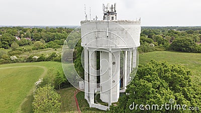 Aerial shot of a 250000 gallen water tower built in 1956 in the Sussex town of Burgess Hill. Stock Photo