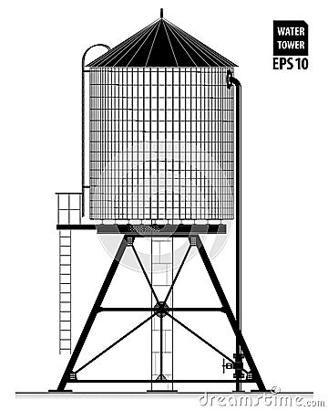 Water tower on the roof of a building in New York. Black contour with the drawing of details. Vector Illustration