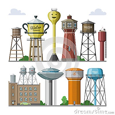 Water tower vector tank storage watery resource reservoir and industrial high metal structure container water-tower in Vector Illustration