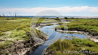 Lively Coastal Landscapes: A Stream In A Grassy Arctic Wetland Stock Photo