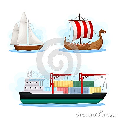 Water Transport with Cargo Ship and Viking Brigantine Vector Set Vector Illustration