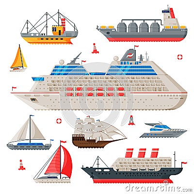 Water Transport Collection, Fishing Boat, Cruise Liner, Sailboat, Vintage Sailing Ship, Motorboat, Sea or Ocean Vector Illustration