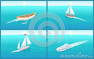 Water Transport Rowing Boat of Wood Set Vector Vector Illustration