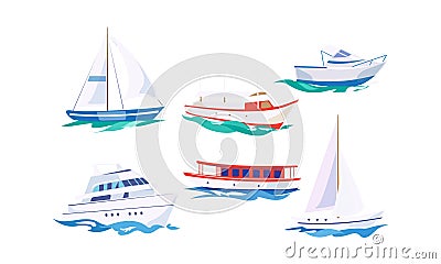 Water transport set, yacht, motorboat, steamship, fishing boat, cruise ship vector Illustration on a white background Vector Illustration