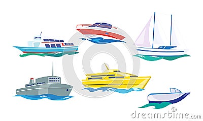 Water transport set, yacht, motorboat, steamship, fishing boat, ship vector Illustration on a white background Vector Illustration