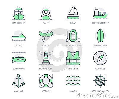 Water transport simple line icons. Vector illustration with minimal icon - cargo ship, yacht, canoe, boat, surfboard Cartoon Illustration