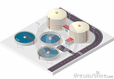 Water treatment isometric building, big bacterium purifier on white. Vector Illustration