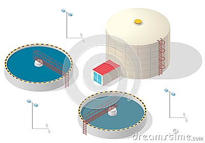 Water treatment isometric building infographic, big bacterium purifier on white background. Vector Illustration