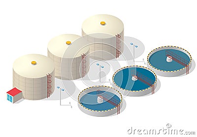 Water treatment isometric building infographic, big bacterium purifier on white background. Cartoon Illustration