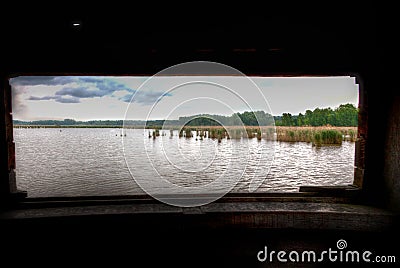 Reed wooden hunting cabin shore lake nature reserve, het Vinne, Zoutleeuw, Belgium Stock Photo