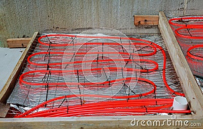 Water underfloor heating pipes posed in a under construction building Stock Photo