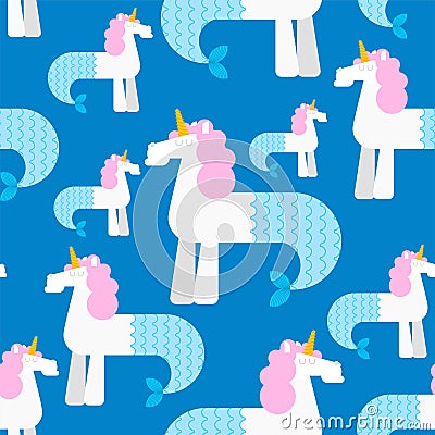 Water unicorn Hippocampus pattern seamless. Mythical animal background . Heraldic beast texture. Sea horse with fishtail ornament Vector Illustration