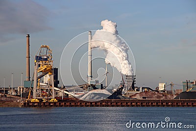 Water vapour from pipes at the Tata steel plant in IJmuiden Editorial Stock Photo