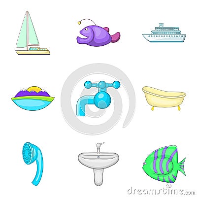 Water vocation icons set, cartoon style Vector Illustration