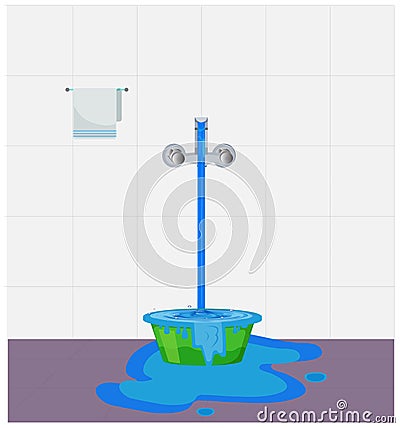 Water waste from running tap. Water overflow on bucket and spread on floor. Wastage of water theme in bathroom Vector Illustration