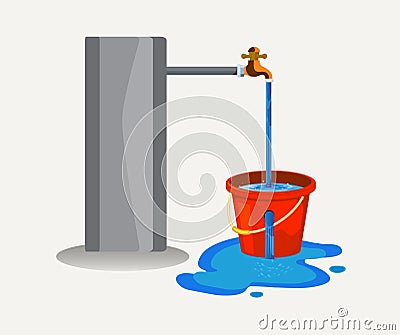 Water waste from running tap. Wastage of water theme for save water. Spread water on floor from hole bucket Vector Illustration