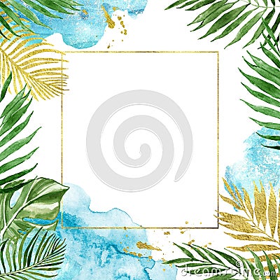 Watercolor floral geometric gold frame with tropical leaves isolated Cartoon Illustration