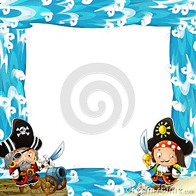 Water / wave frame with fighting pirates - illustration for children Cartoon Illustration