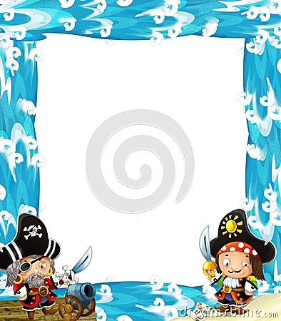 Water / wave frame with fighting pirates - illustration for children Cartoon Illustration