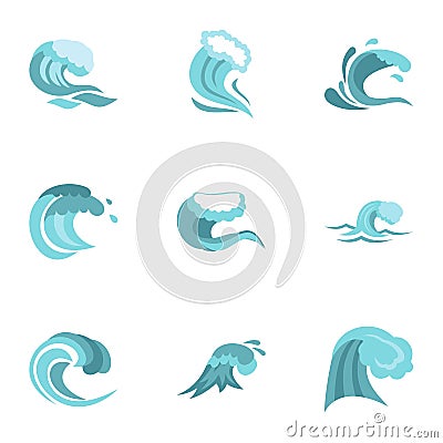 Water wave icons set, flat style Vector Illustration