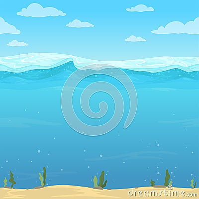 Water waves background. Seamless liquid pattern sea ocean river cartoon surface for 2d vector game Vector Illustration